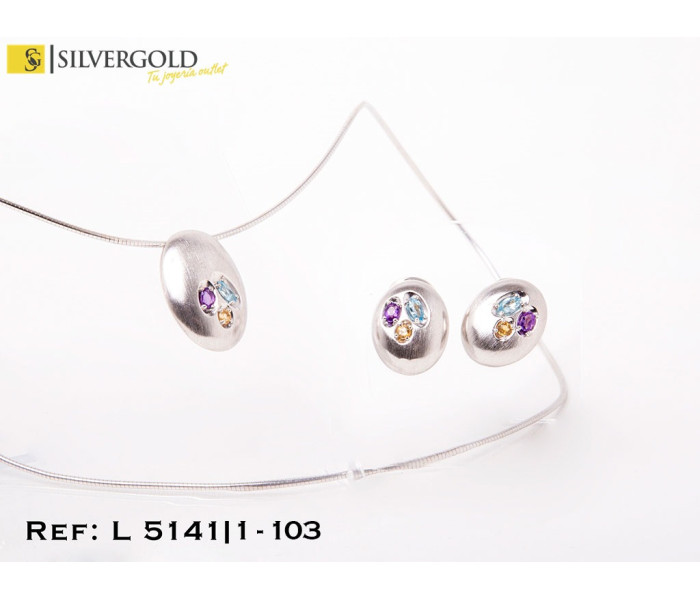 1-1-103-1-Conjunto de pendientes con gargantilla en oro blanco forma oval con piedritas de colores L5141
