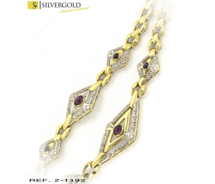 1-2-1392-1-Conjunto gargantilla, pendientes , pulsera y anillo, en rombos con piedras granates y circonitas.