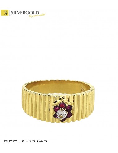 1-2-15145-1-DIA-Anillo oro 18Kt. labrado efecto estriado con diamante y piedra tipo rubí
