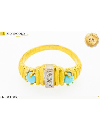 1-2-17688-1-DIA- Anillo de fila vertical de Diamantes con dos bolas turquesas. Oro 18 kt.