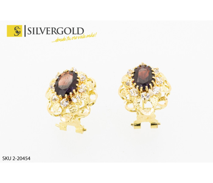 1-2-20454-1-Pendientes de roseton con piedra granate en oval con corona de circonitas y cierre omega. Oro 18 k