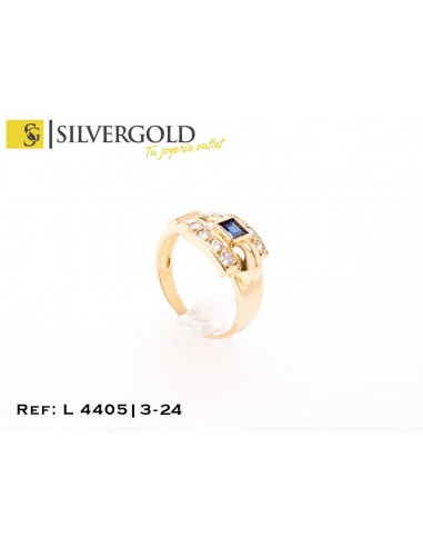 1-3-24-1-DIA-Anillo fantasía hebilla con piedra tipo zafiro y zirconitas. oro 18 Kt. Talla 13.
