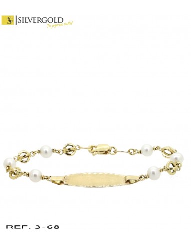 1-3-68-2-L 4409 Pulsera de identidad infantil con perlas y cierre mosquetÃn. Oro 18 Kt. Longitud 14 cm.