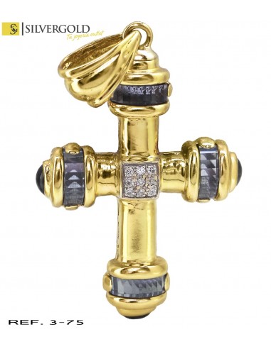 1-3-75-1-Cruz Oro 18 Kt. con piedra estilo aguamarina y circonitas.