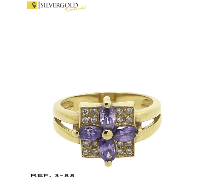 1-3-88-2-L 4377 Conjunto de anillo y pendientes con cierre omega cuadrado, con piedras lilas y zirconitas. Oro