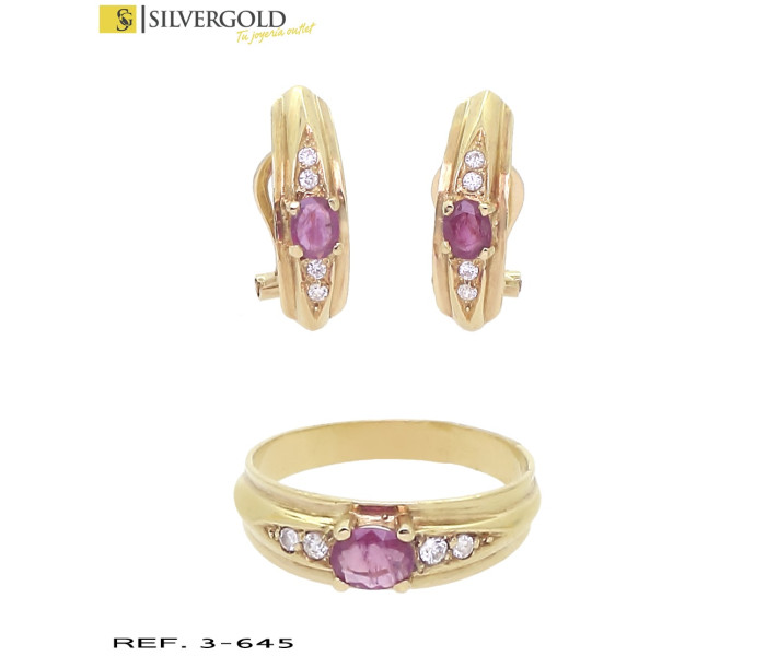 1-3-645-2-Conjunto oro 18Kt. anillo y pendientes con piedra tipo rubí y circonitas L 3765