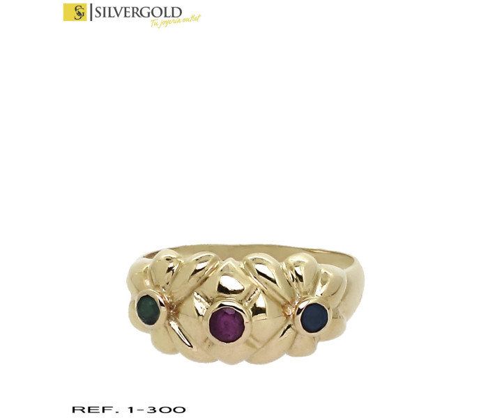 1-1-300-2-Anillo oro 18Kt. labrado con piedras tipo rubí, esmeralda y zafiro L2961
