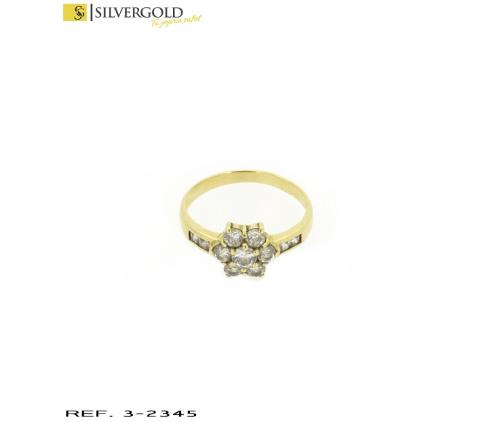 1-3-2345-1-t-17Anillo con rosetón de zirconitas central y 2 zirconitas en talla princesa a cada lado