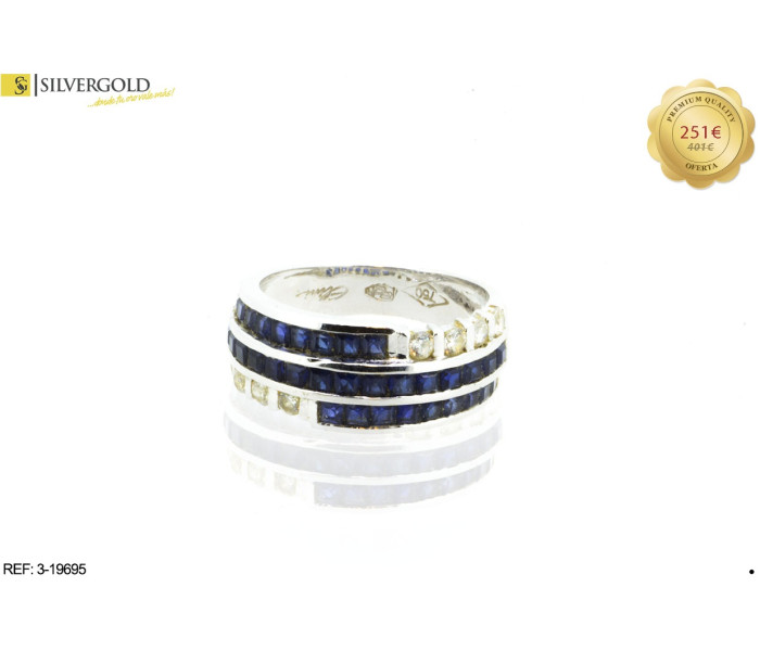 1-3-19695-1-Anillo efecto triple con piedras tipo zafiro y circonitas en oro blanco. Oro 18 kt