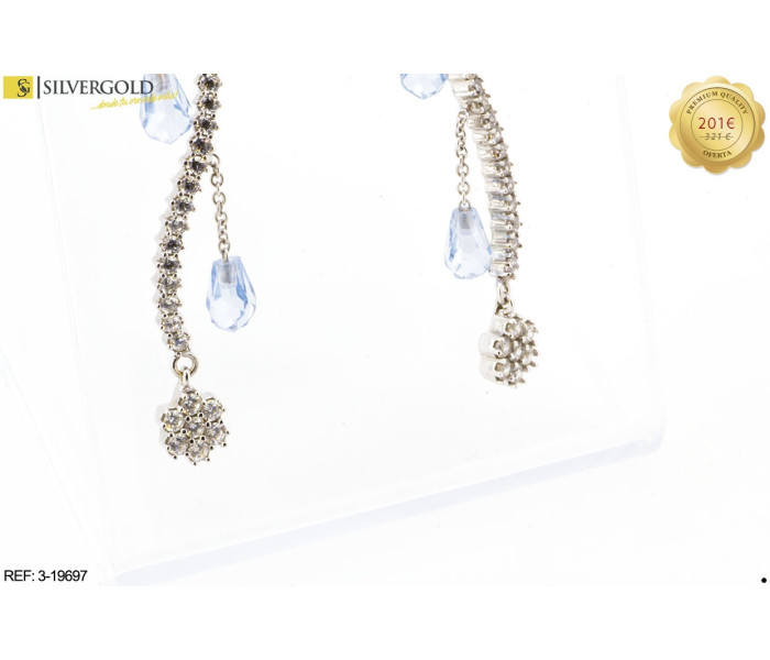 1-3-19697-1-Pendientes oro blanco en forma serpenteante con piedras tipo circonitas y agua marina. Oro 18 kt.