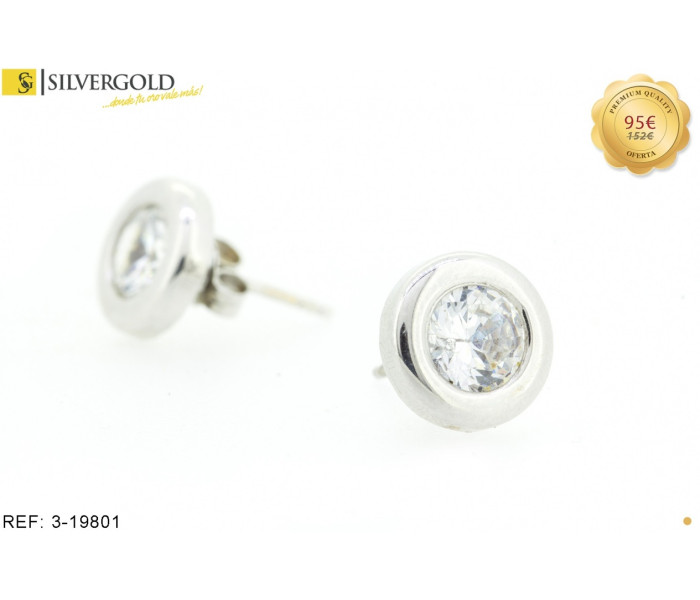 1-3-19801-1-Pendientes oro blanco redondos y con piedra central en circonita, cierre a presión. Oro 18 kt.