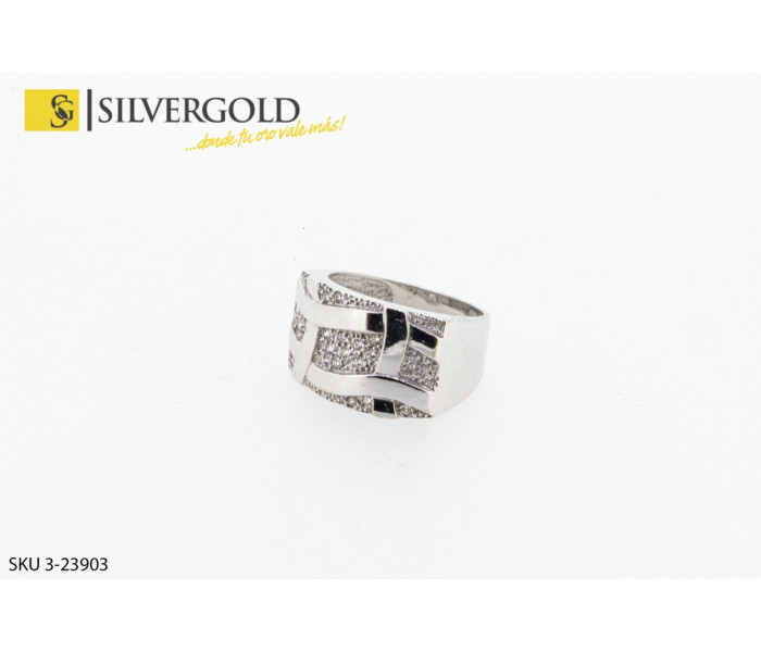 1-3-23903-1-Anillo oro blanco ancho con pavés de circonitas y dibujo ajedrezado central en cabado pulido. Oro 