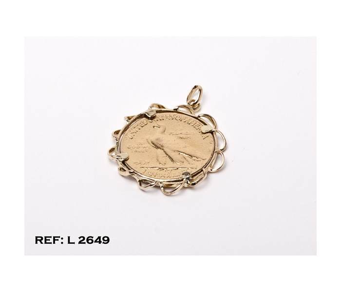 1-1-564-1-COLGANTE MONEDA 10 AMERICANOS CON ORLA EN ONDAS CALADA DE 22 Kt (3,5 cm diÃmetro) L2649