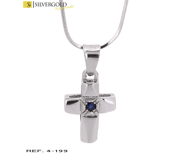 1-4-199-2-Conjunto cadena topo cola de topo de oro blanco con colgante forma cruz lisa con piedra azul en el c