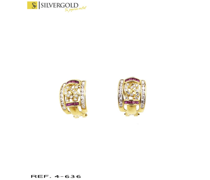 1-4-636-2-Pendientes en oro 18 Kt calados con piedras rojas y blancas