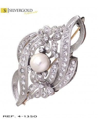 1-4-1350-1-Broche oro bicolor 18Kt. vimtage con perla y zirconitas