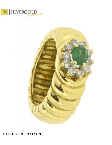 1-4-1994-1-DIA-Anillo gallonado con piedra tipo esmeralda engarzada en altura, rodeada de orla de diamantes. T
