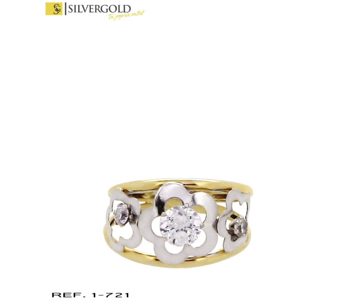 1-1-721-1-Anillo oro bicolor 18Kt. doble aro 3 flores L3096