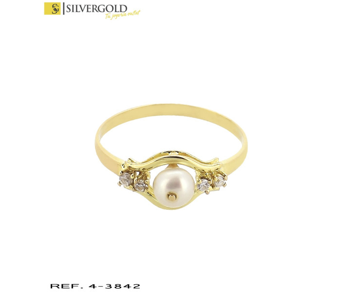 1-4-3842-1-Anillo con perla sobre calado central y 2 circonitas a cada lado. Oro 18 Kt.