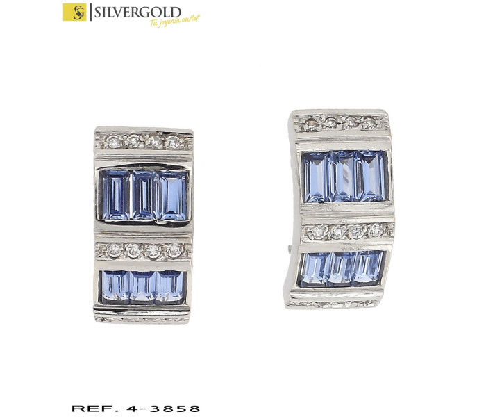 1-4-3858-1-pendientes oro blanco de media caña con baguettes celestes y zirconitas, cierre omega