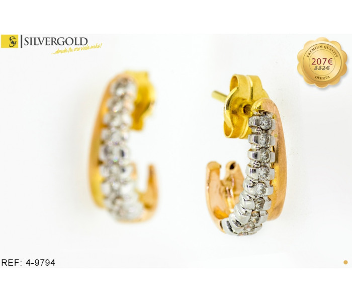 1-4-9794-1-Pendientes oro bicolor 18Kt. efecto medio aro con Diamantes.