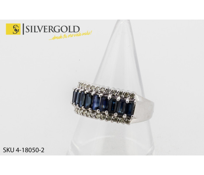 1-4-18050-1-DIA-Anillo oro blanco con banda central de piedras tipo zafiro y Diamante. Oro 18 kt.