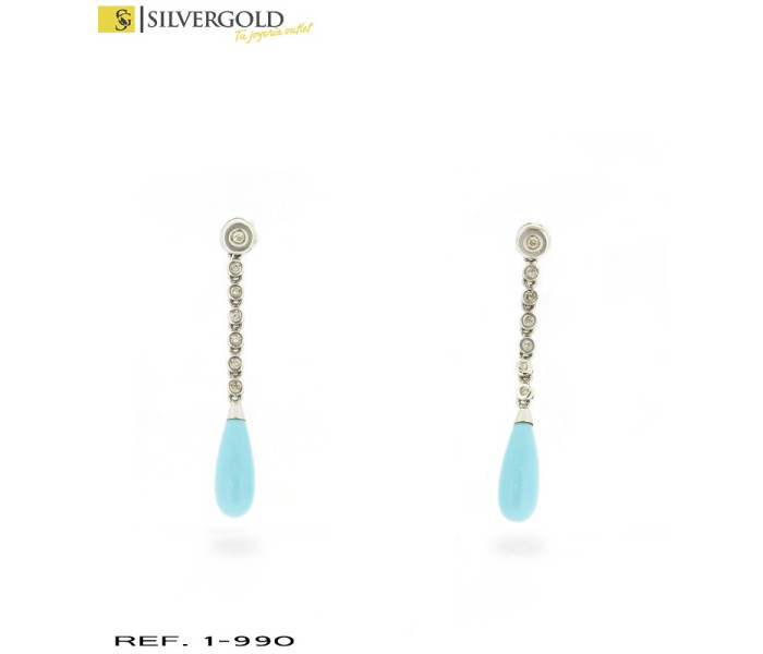 1-1-990-1-Pendientes oro blanco con piedra en forma de lagrima tipo turquesa colgando de linea de zirconitas e