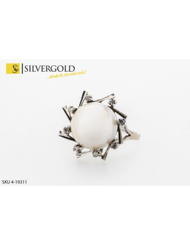 1-4-19311-1-DIA-14ktANILLO DE ORO BLANCO CON PERLA MABE CENTRAL Y 8 DIAMANTES