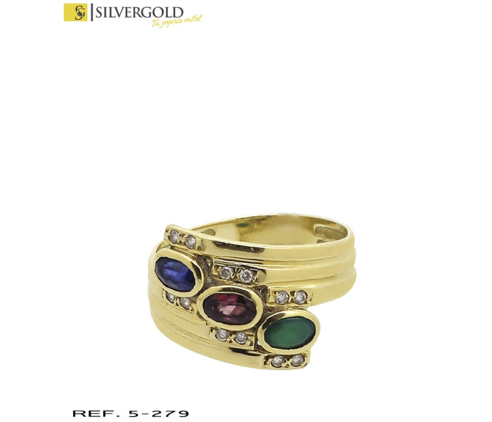 1-5-279-2-Anillo en espiral con piedras verde, azul y roja en diagonal con chispitas T13 L4135