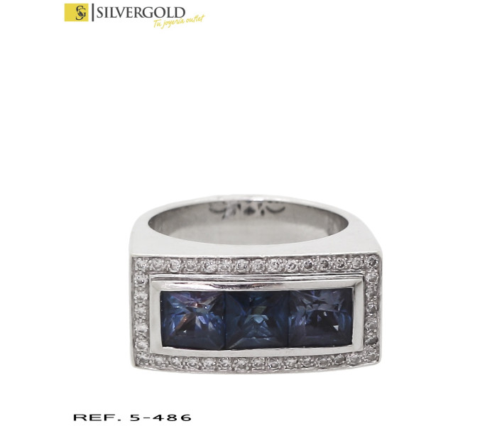 1-5-486-2-D-Anillo oro blanco 18Kt. 3 topacios azules y diamantes