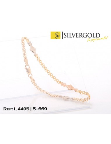 1-5-669-2-Pulsera eslabón tipo malla fina alternada con 3 peces en oro de 18 kt. tricolor