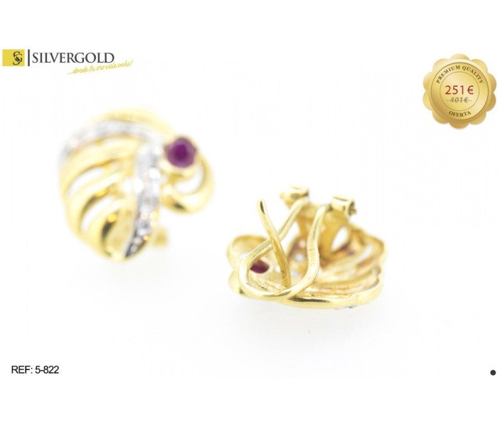 1-5-822-1-Pendientes forma de abanico calado con piedra tipo rubí y circonita blanca. Oro 18 kt.,