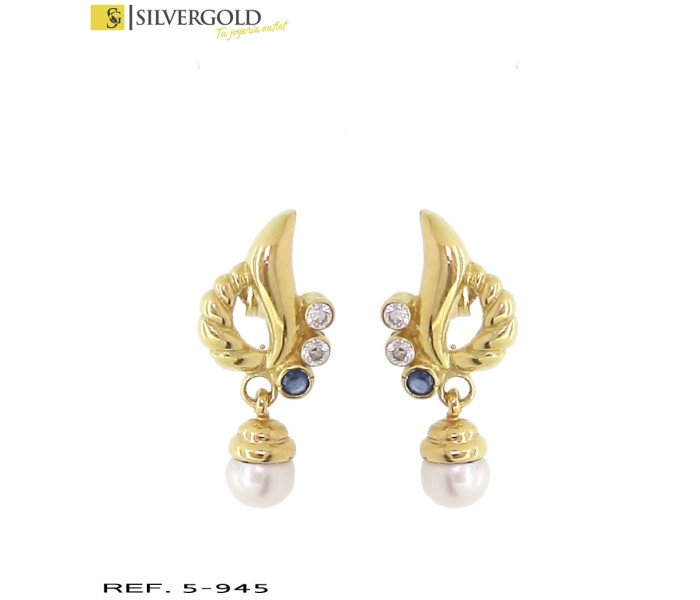 1-5-945-3-Pendientes gallonados con piedra azul, circonitas y perla colgante