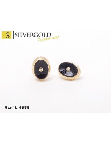 1-5-1003-1-Dia-Pendientes de cierre omega con onix oval y diamante central. Oro 18 kt.