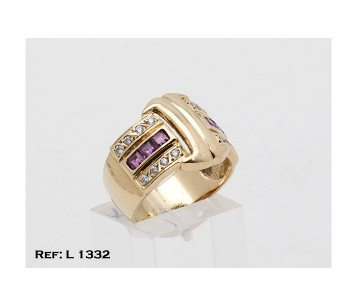 4-1-299-1-Anillo oro 18Kt. ancho con piedras tipo rubí y zirconitas L1332
