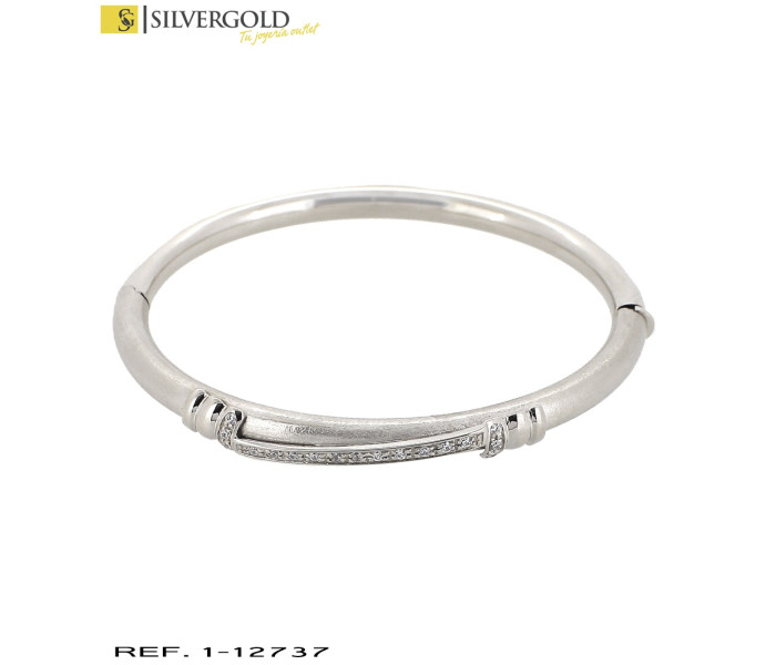 1-1-12737-1-Pulsera oro blanco, rigida, combinada en mate y brillo con detalle central de zirconitas en carril