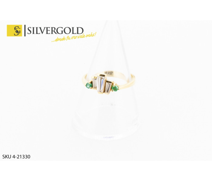 4-4-21330-1-Anillo con forma central triangular decorado con piedras verdes y blancas . Oro 18 kt
