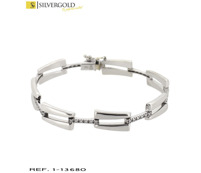 1-1-13680-1-Pulsera en oro blanco de eslabón cuadrado combinado y chispitas de piedra tipo circonita