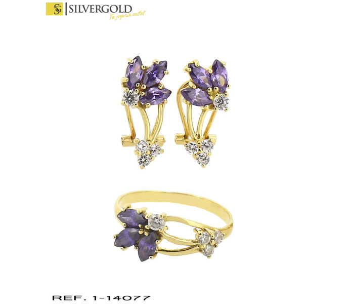 1-1-14077-2-T21-Conjunto de anillo y pareja de pendientes con piedra morada y circonita