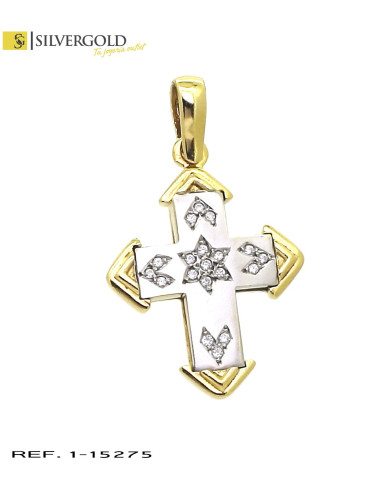 1-1-15275-1-Cruz oro bicolor 18Kt. y circonitas