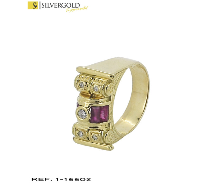 1-1-16602-1-D-Anillo oro 18Kt. con diamantes y rubís sintético