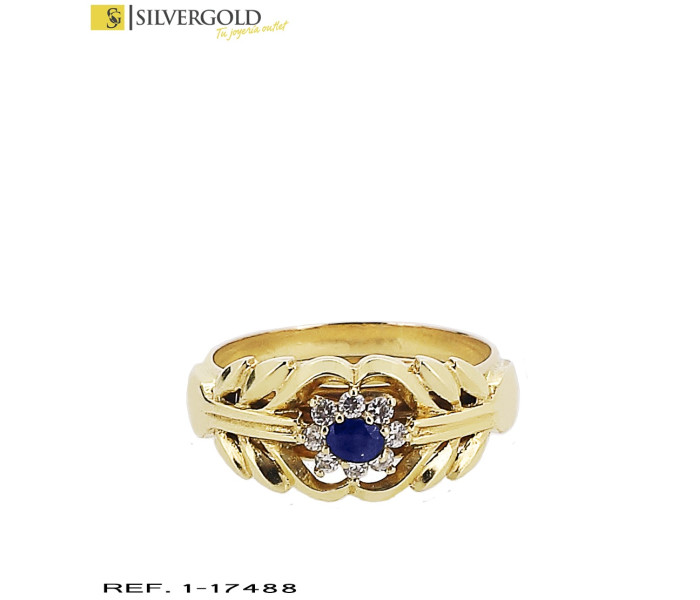 1-1-17488-1-Anillo oro 18Kt. con detalle labrado y piedra tipo zafiro