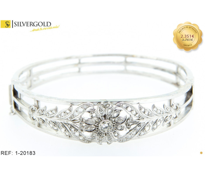 1-1-20183-1-Pulsera rígida en oro blanco con motivos florales, diamantes talla brillante. Oro 18 kt.